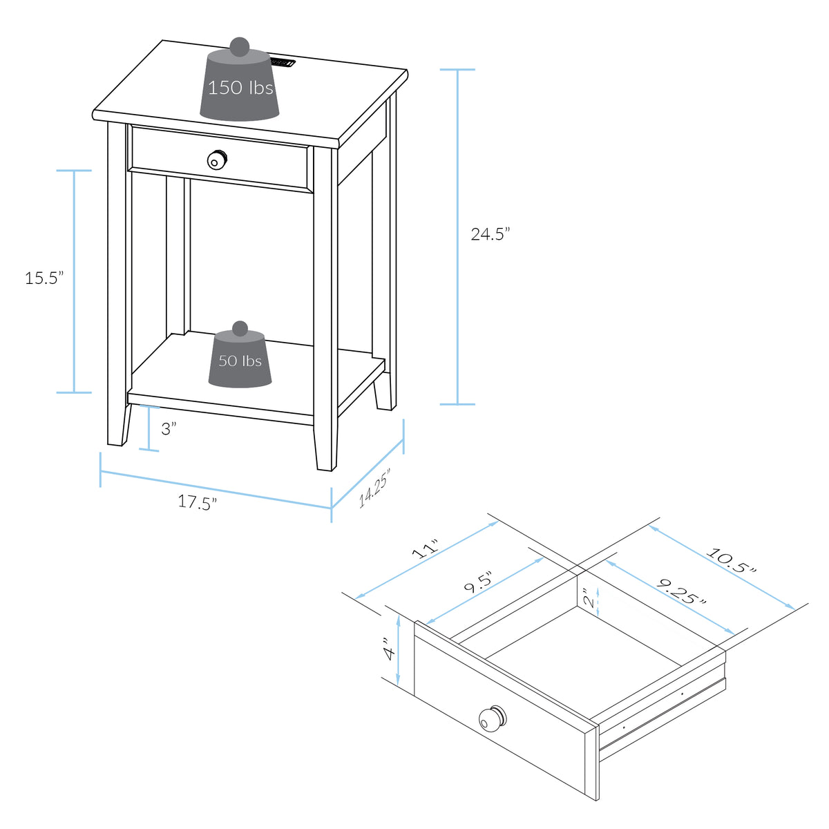 Casual Home Night Owl Bedroom Nightstand with Discrete USB Port Station (2 Pack)