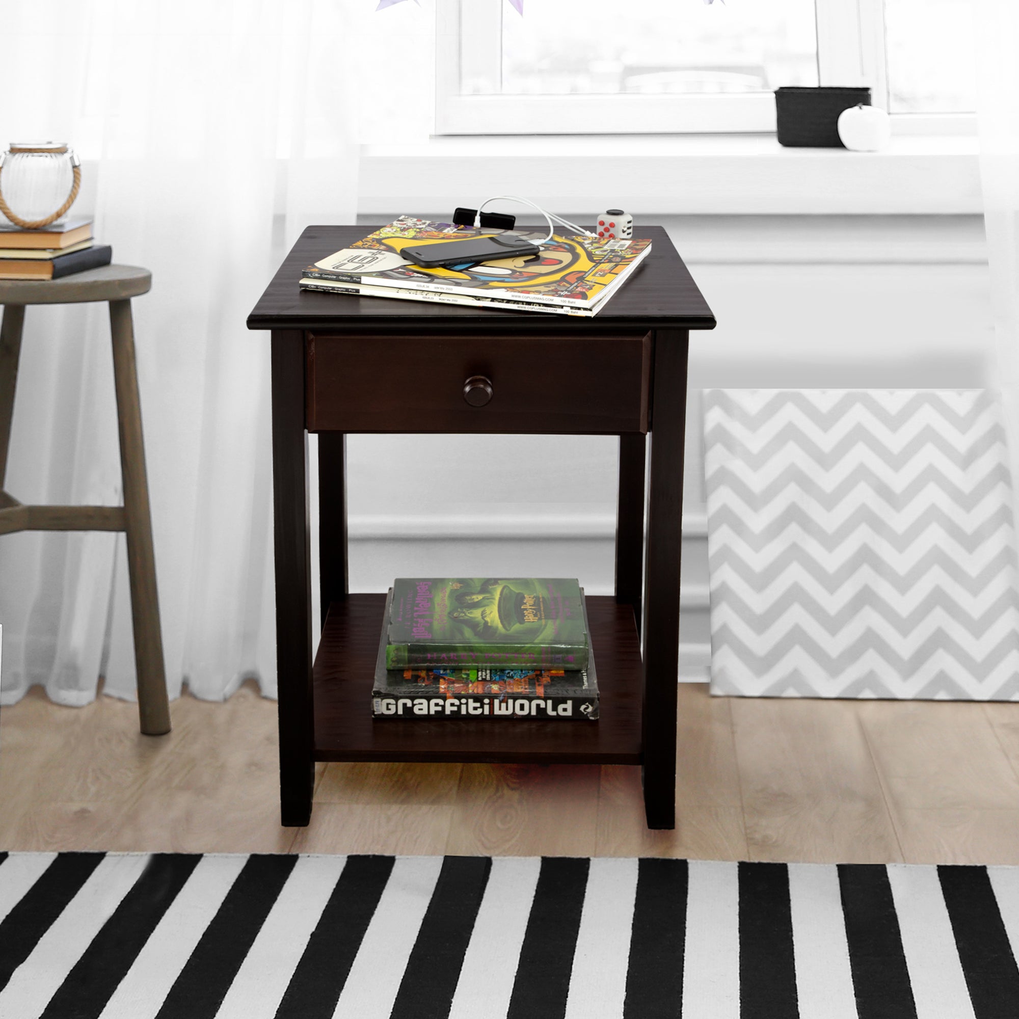 Casual Home Night Owl Bedroom Nightstand with Included Discrete USB Port Station