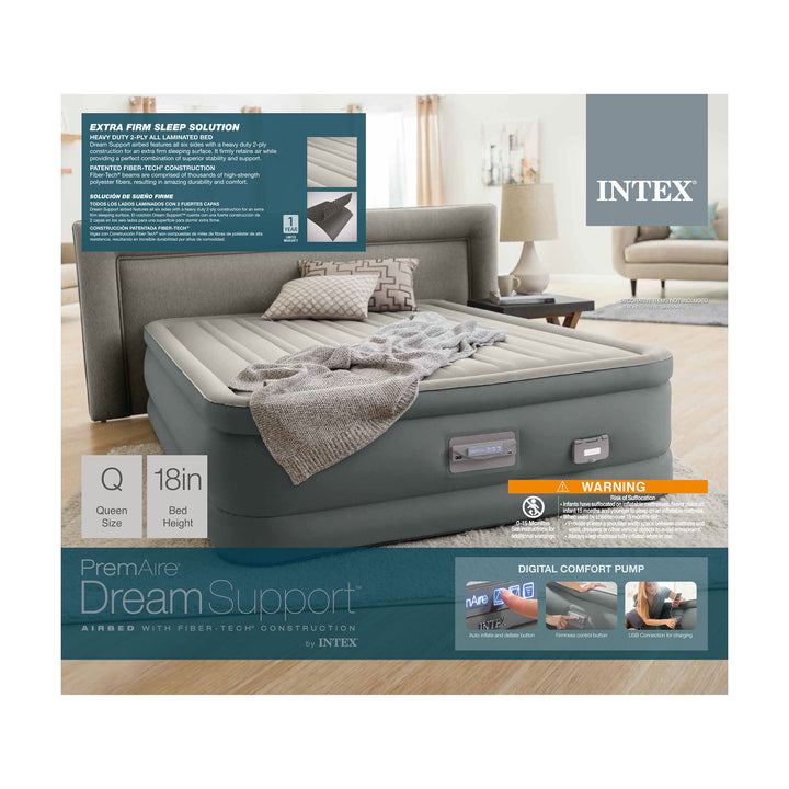 Intex PremAire Dream Support Fiber Tech Air Mattress Built-In Pump, Queen (Used) - VMInnovations