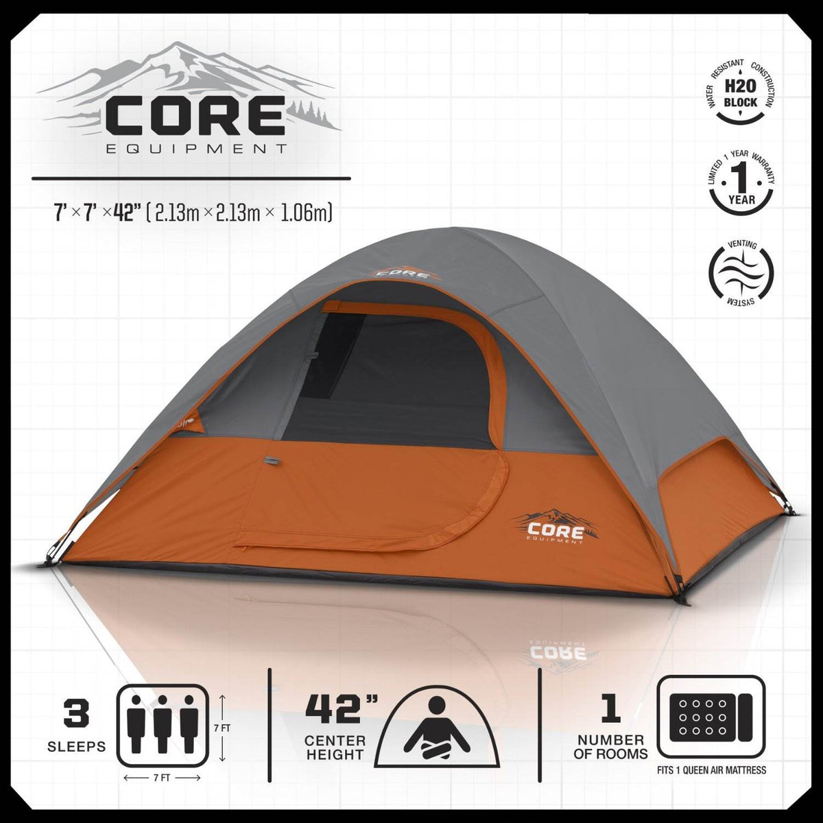 CORE Equipment 3 Person 7' x 7'  Dome Camping Tent | Orange/Grey (Open Box)