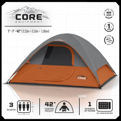 CORE Equipment 3 Person 7' x 7'  Dome Camping Tent | Orange/Grey (Open Box)
