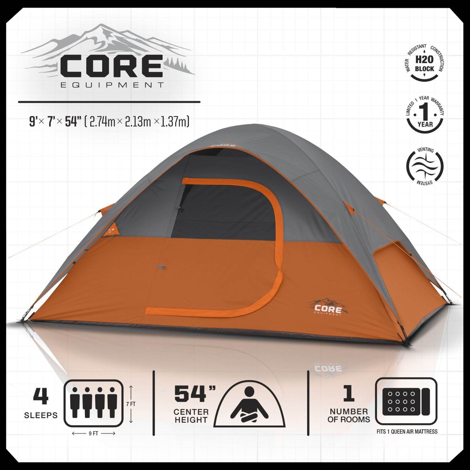 CORE Equipment 4 Person 9' x 7' Dome Camping Tent - Orange/Grey (Open Box)