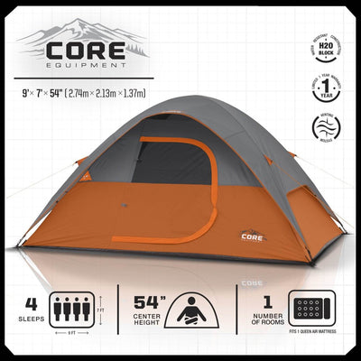 CORE Equipment 4 Person 9' x 7' Dome Camping Tent - Orange/Grey (Open Box)
