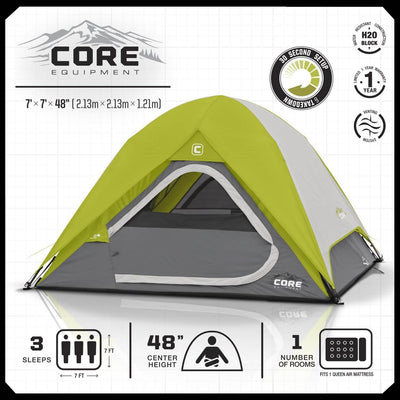 CORE 3 Person Instant Pop Up 7' x 7' Dome Camping Tent - Green/Grey (Open Box)