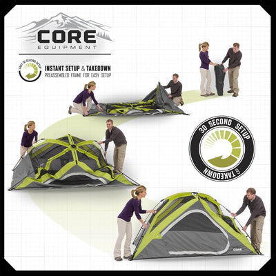 CORE 3 Person Instant Pop Up 7' x 7' Dome Camping Tent - Green/Grey (Open Box)