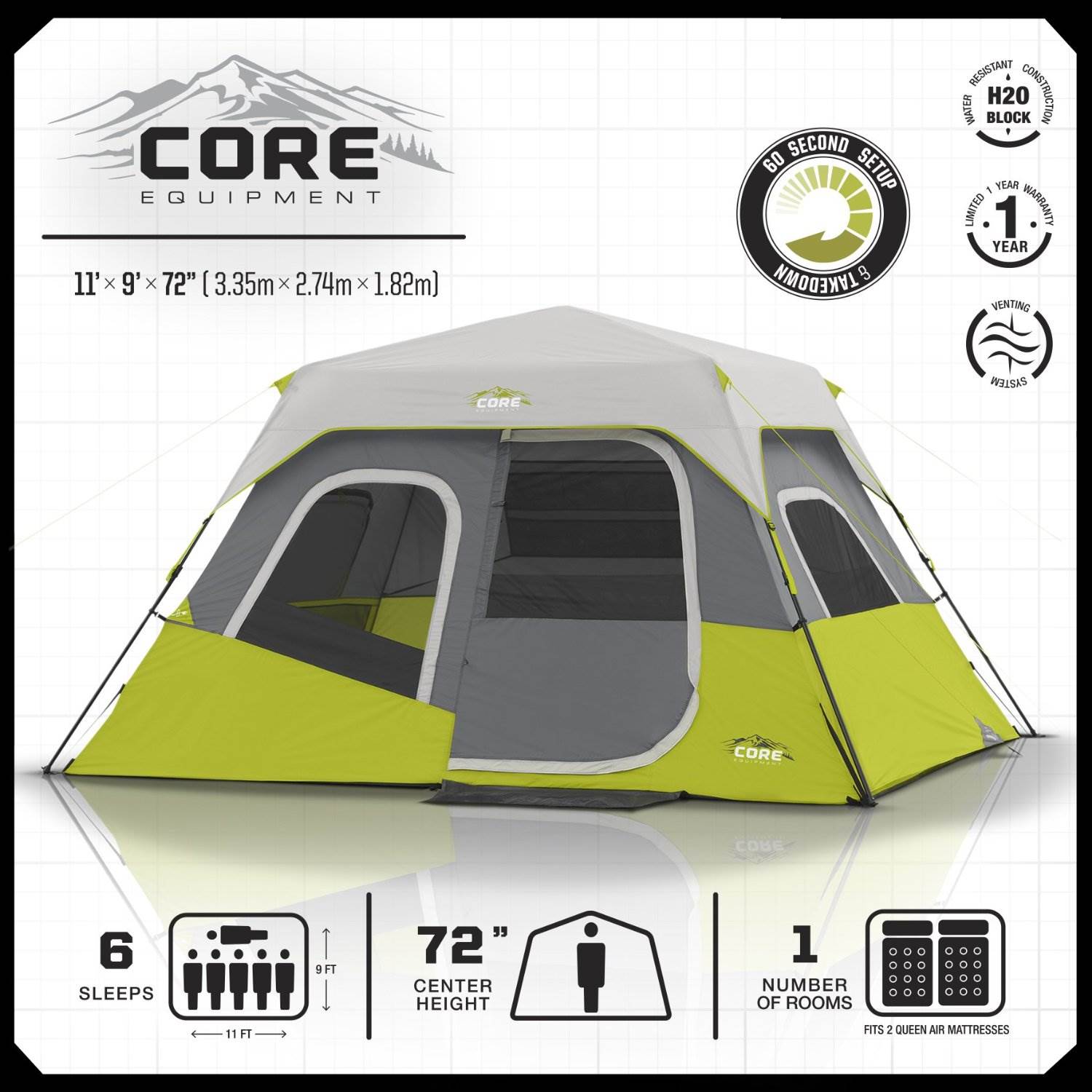 Core Equipment 11 x 9-Foot 6-Person Instant Cabin Camping Tent COR-40007 (Used)