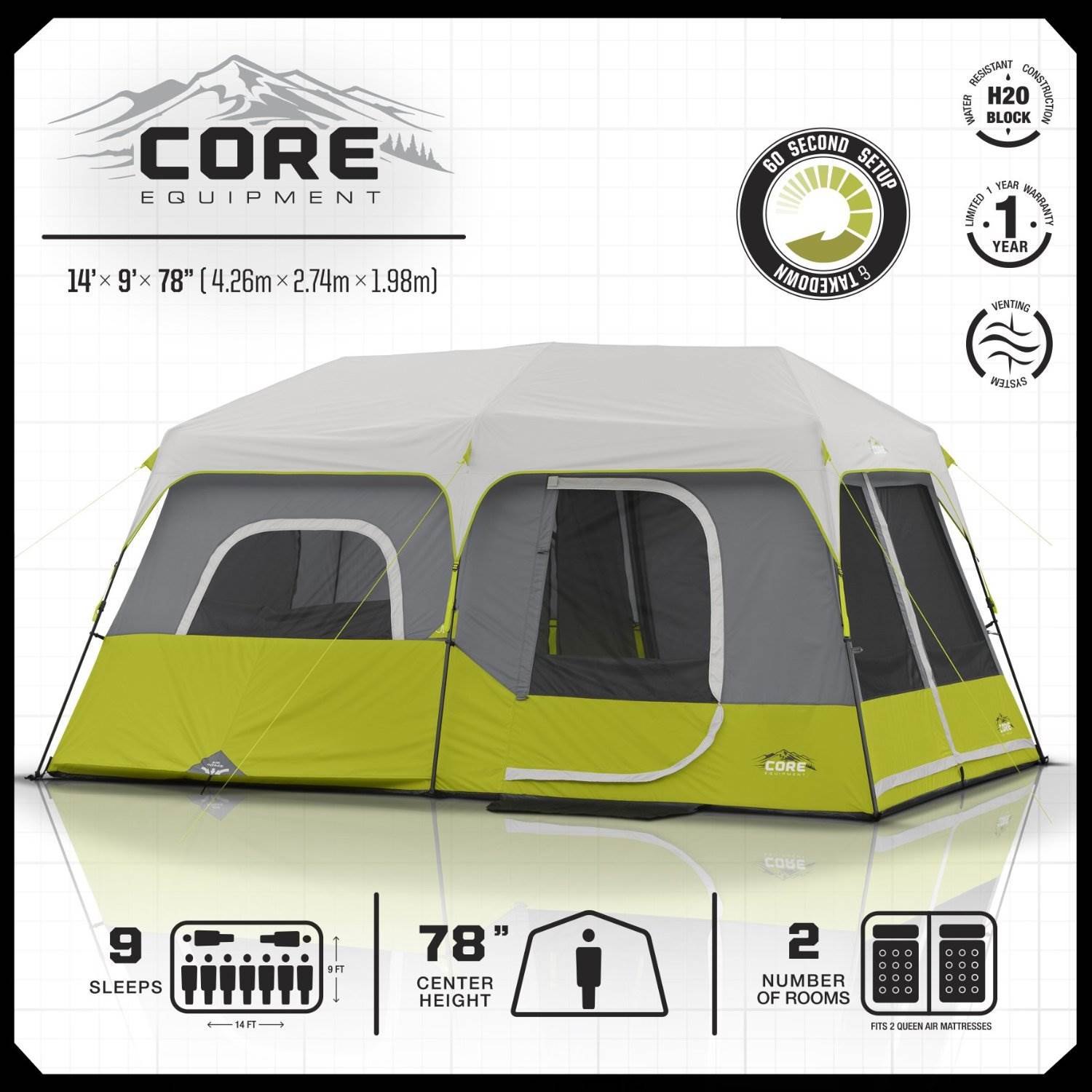 CORE Equipment 9 Person Instant Pop Up 14' x 9' Cabin Tent - Green/Grey (Used)