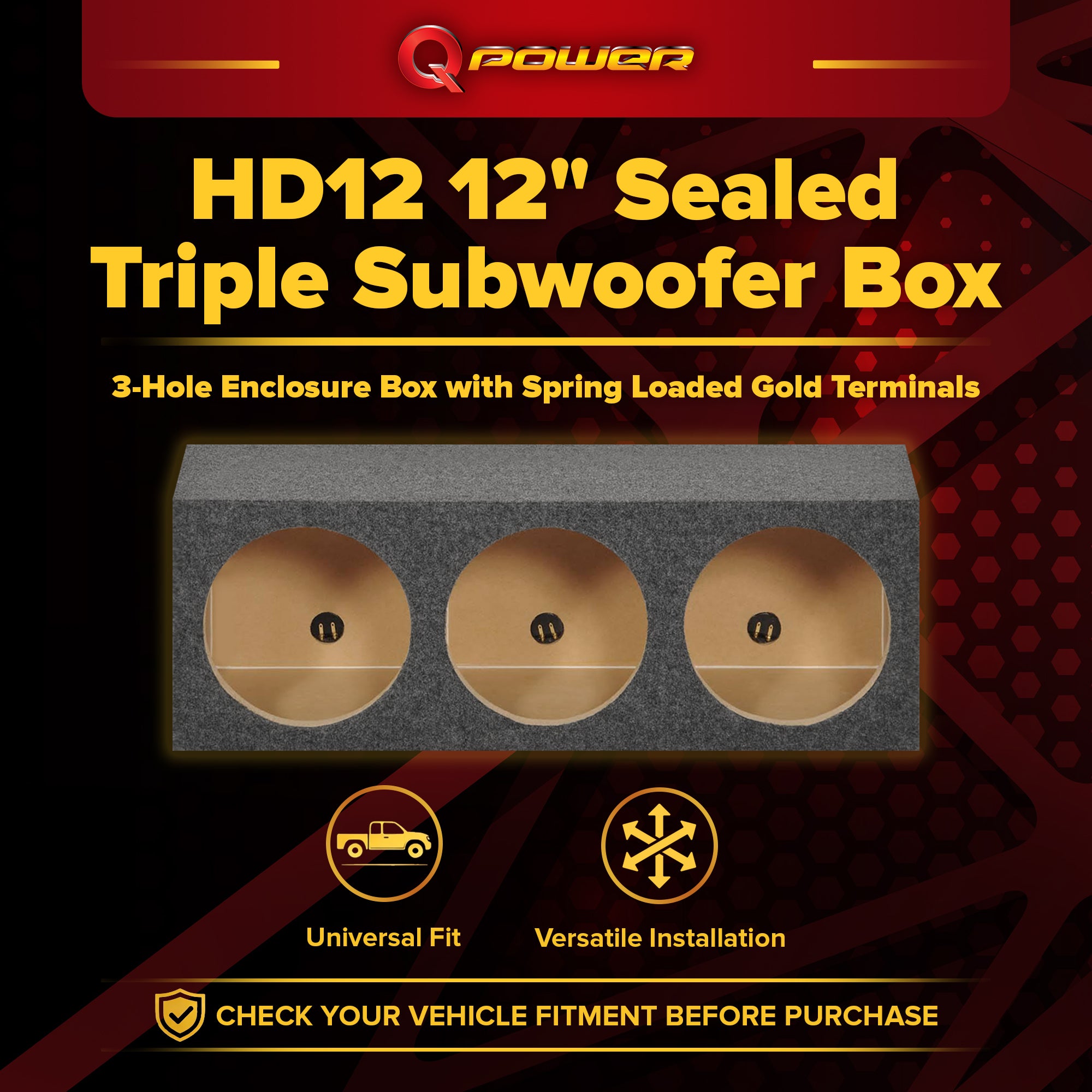 Q Power HD12 12" Sealed Triple Car Audio Subwoofer Sub Box Enclosure - VMInnovations