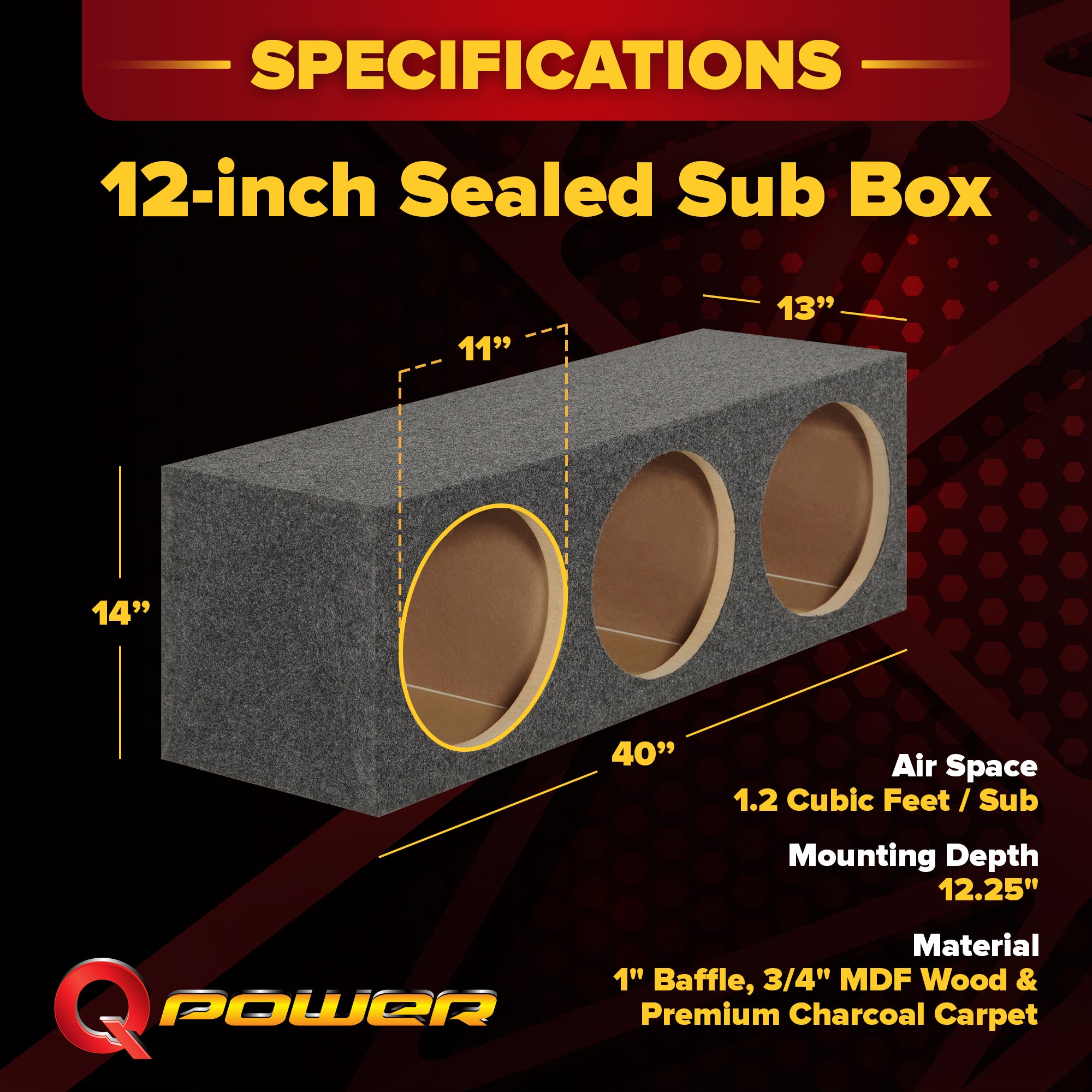 Q Power HD12 12" Sealed Triple Car Audio Subwoofer Sub Box Enclosure - VMInnovations