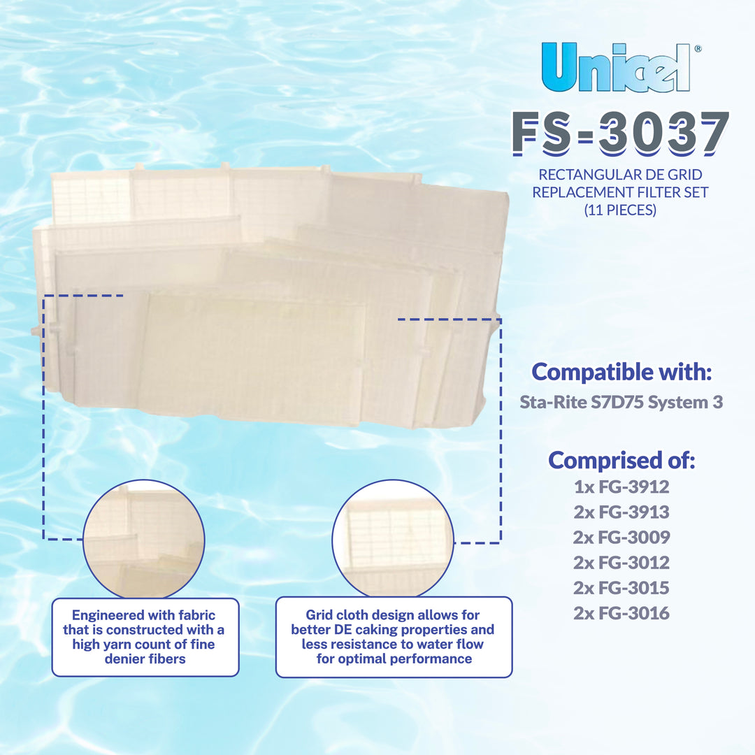 Unicel FS-3037 Replacement Rectangular DE Grid Pool Filter w/ Top Port, Full Set