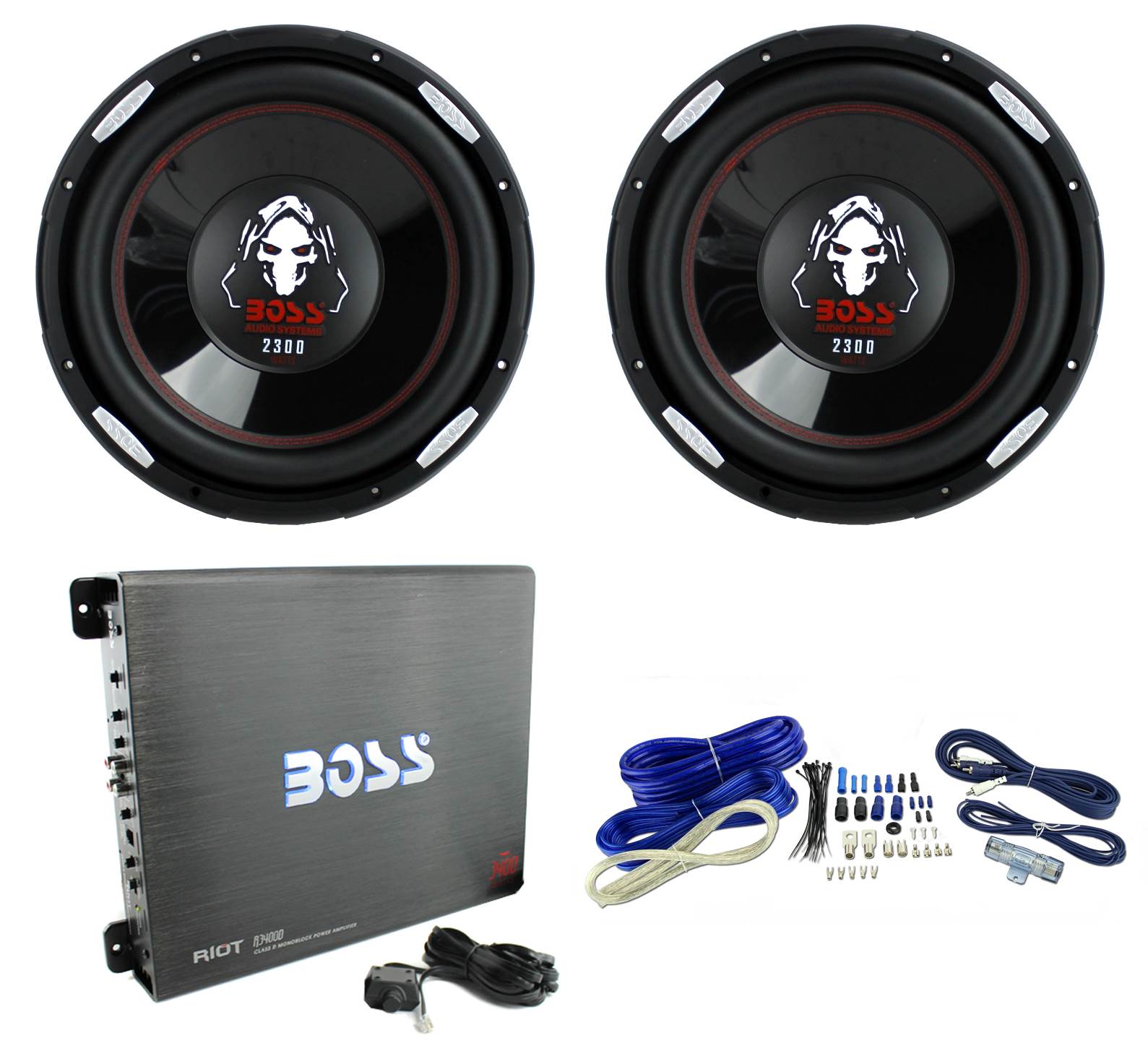 2) Boss P126DVC 12" 4600W Car Subwoofers+3400 Watt Mono Amplifier+Amp Kit