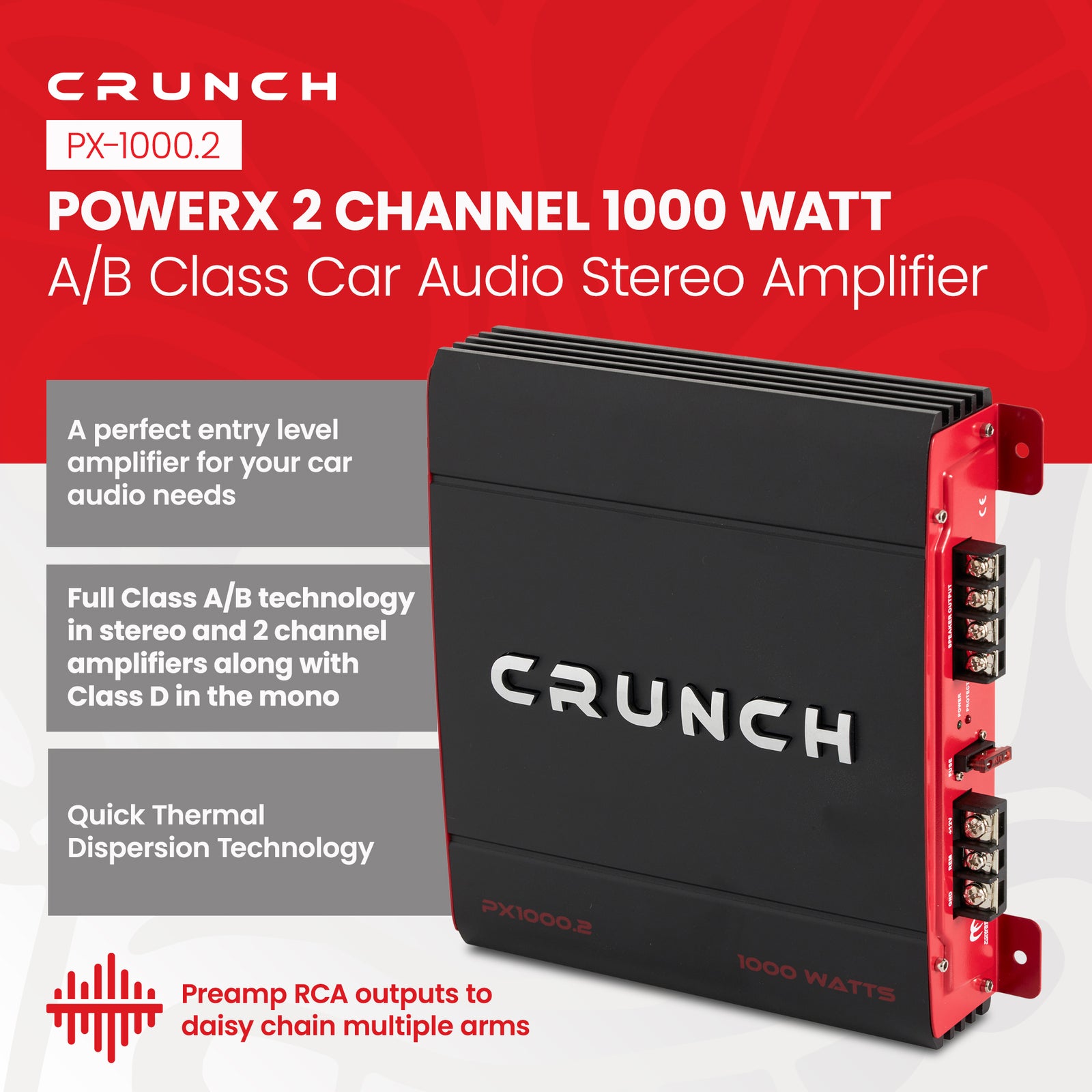 Crunch 2 Channel 1000 Watt Amp A/B Class Car Audio Stereo Amplifier | PX-1000.2 - VMInnovations