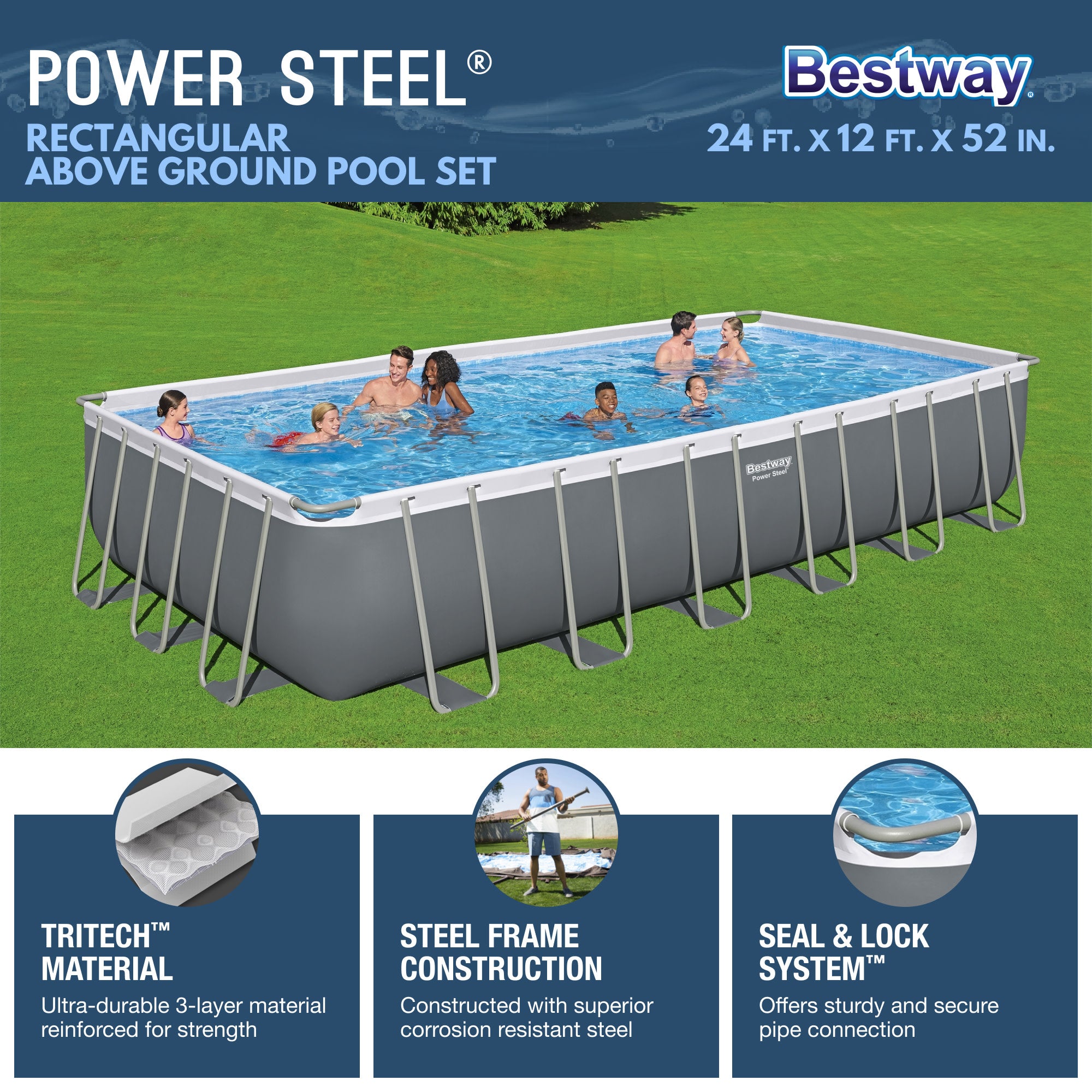 Bestway 24' x 12' x 52" Power Steel Rectangular Above Ground Swimming Pool Set