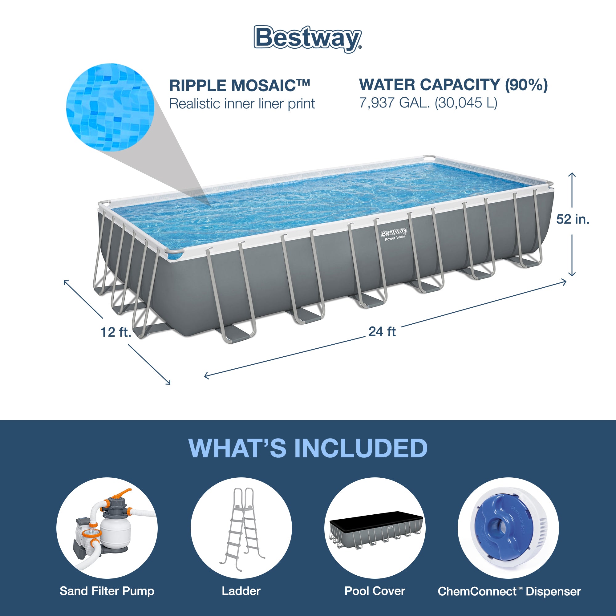 Bestway 24' x 12' x 52" Steel Rectangular Above Ground Pool & Cleaning Solution