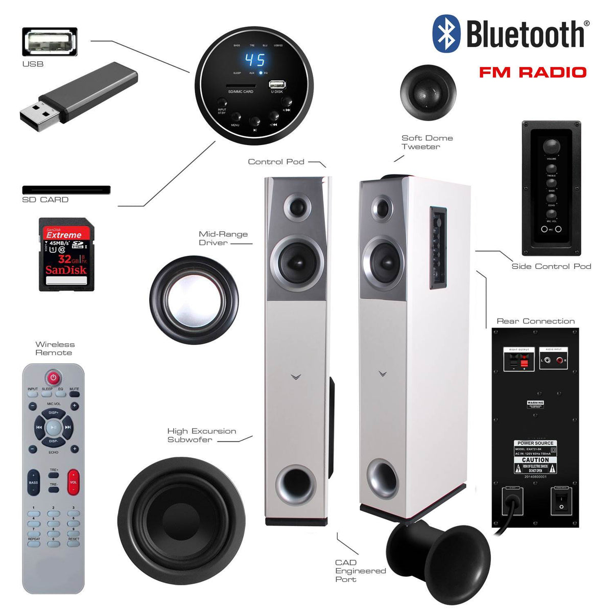 White Wood Floorstanding Powered Home Bluetooth FM Radio TowerSpeaker (Open Box)