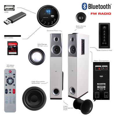 White Wood Floorstanding Powered Home Bluetooth FM Radio TowerSpeaker (Open Box)