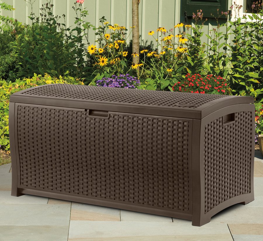 Suncast 73 Gallon Outdoor Deck Box & 99 Gallon Patio Garden Deck Box, Mocha