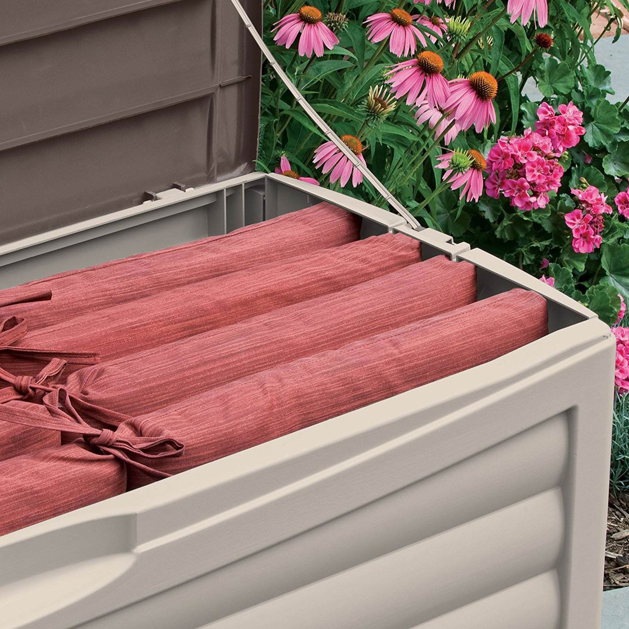 Suncast 103 Gallon Capacity Resin Patio Storage Deck Box, Mocha & Taupe (Used)