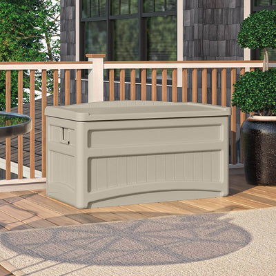 Suncast 73 Gallon Resin Outdoor Patio Storage Deck Box w/ Seat, Taupe (Open Box)