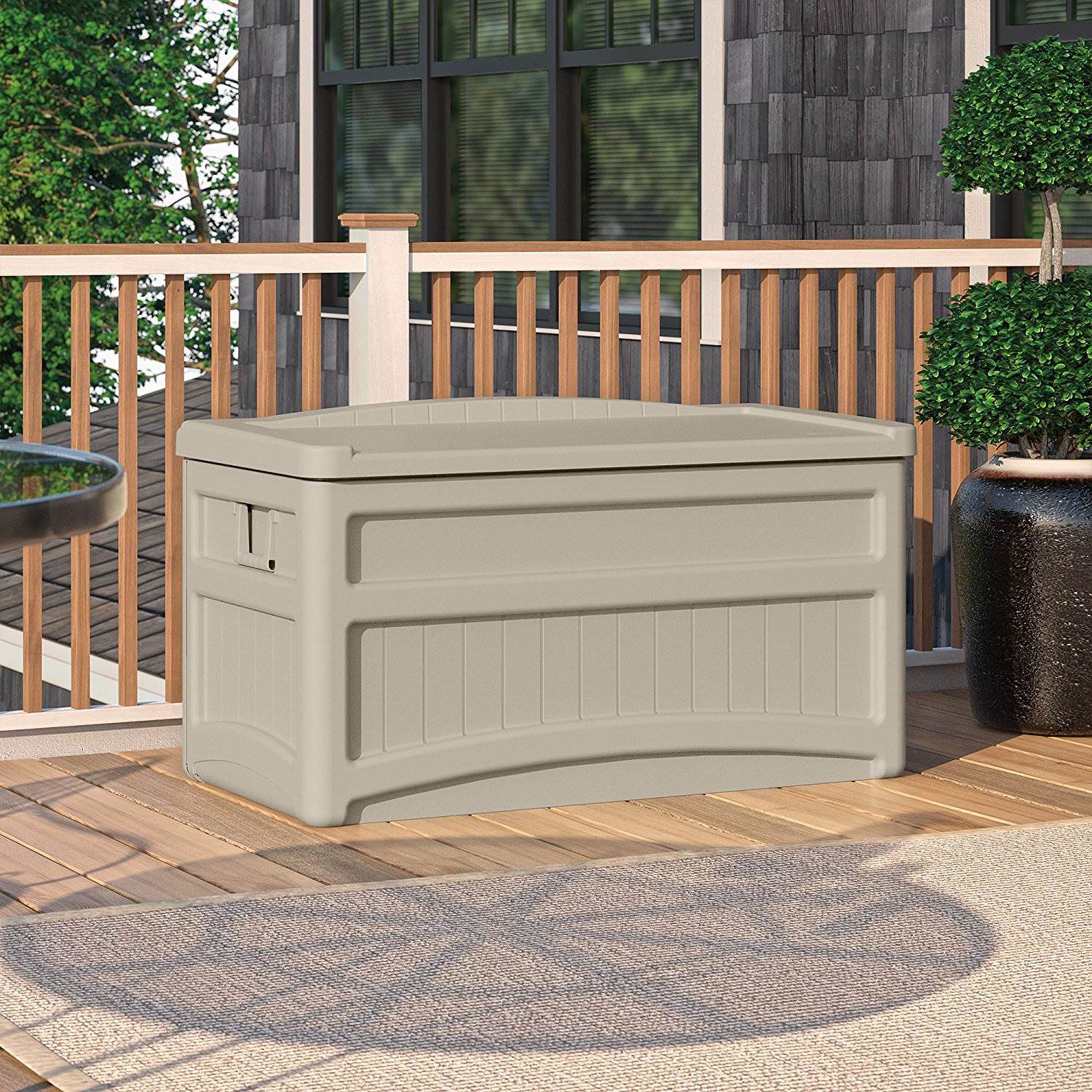 Suncast Patio Resin Outdoor Storage Deck Box 73 Gallons, Light Taupe-Open Box