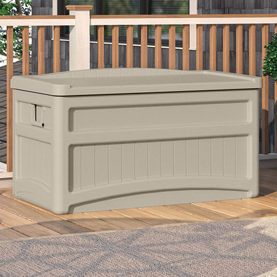 Suncast 73 Gallon Resin Outdoor Patio Storage Deck Box w/ Seat, Taupe (Open Box)