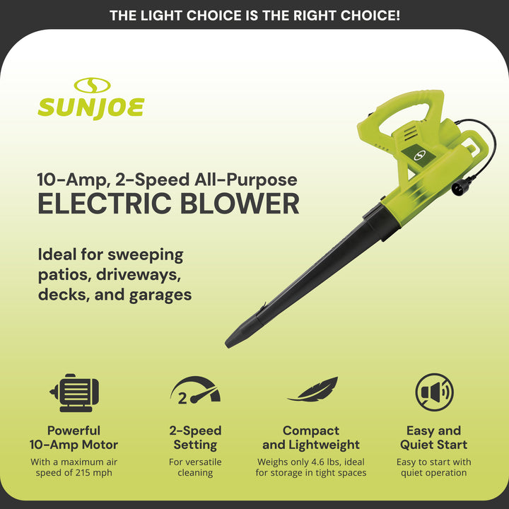 Sun Joe SBJ601E 120V 2-Speed Electric All-Purpose Blower with 100A Motor, 215 MPH Air Speed, and 240 CFM Airflow, Includes Concentrator Nozzle