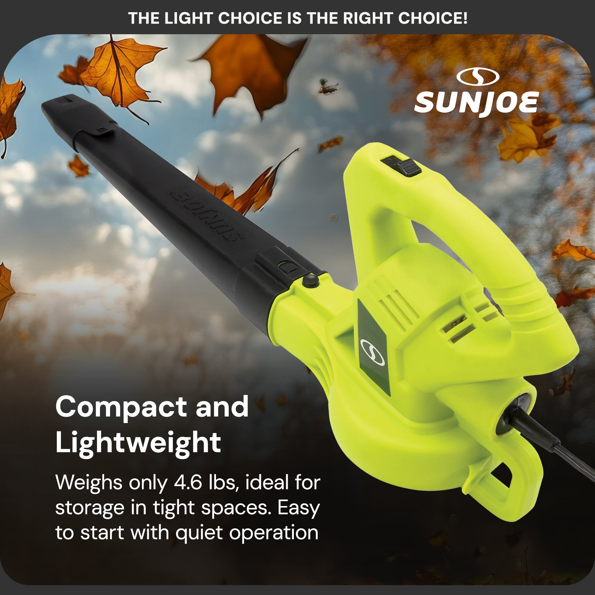 Sun Joe SBJ601E 120V 2-Speed Electric All-Purpose Blower with 100A Motor, 215 MPH Air Speed, and 240 CFM Airflow, Includes Concentrator Nozzle - Thumbnail 5