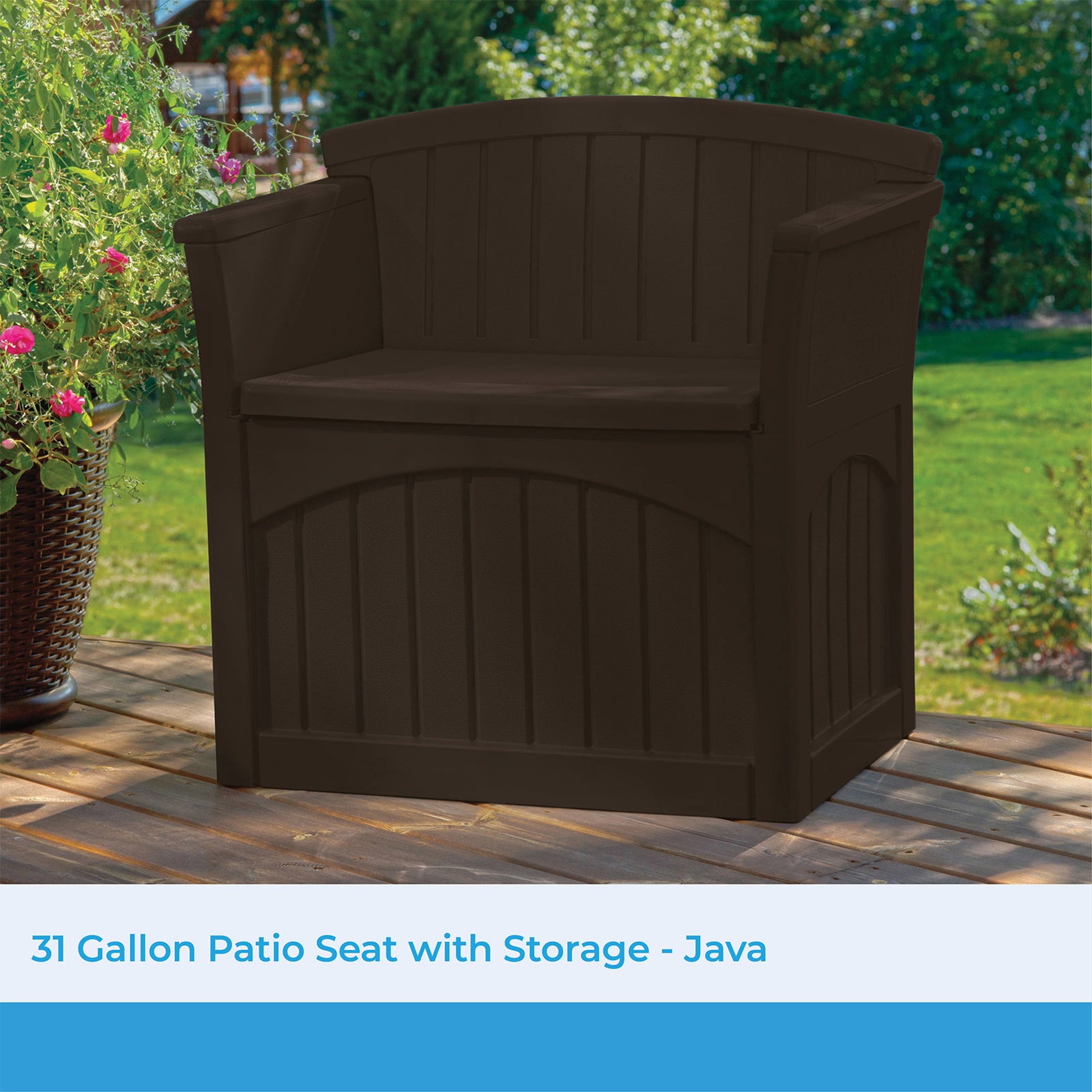 Suncast 31 Gallon Patio Seat Outdoor Storage and Bench Chair, Java | PB2600J - VMInnovations