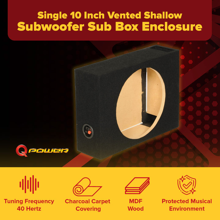 QPower Single 10" Vented Shallow Subwoofer Sub Box Enclosure (Open Box)