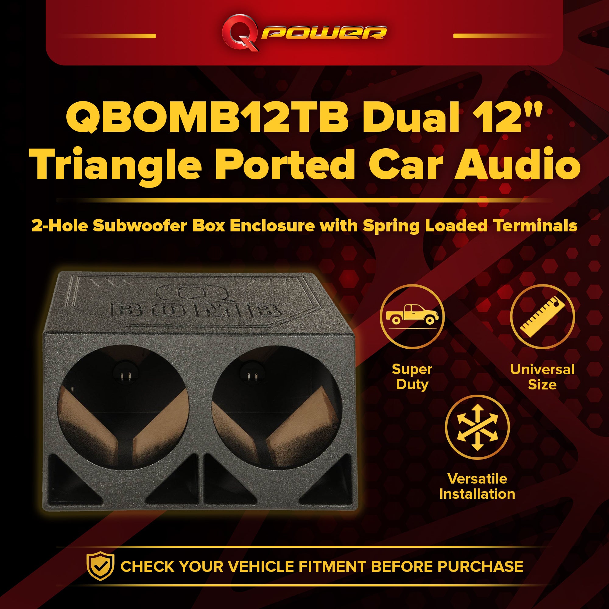 QPower QBOMB12TB Dual 12" Triangle Ported Car Audio Subwoofer Box Enclosure - VMInnovations