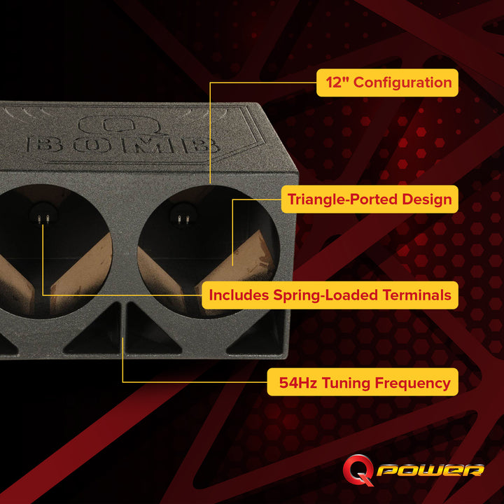 QPower QBOMB12TB Dual 12" Triangle Ported Car Audio Subwoofer Box Enclosure - VMInnovations
