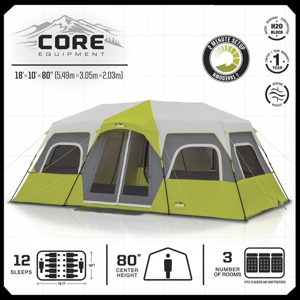 CORE Equipment 12 Person Instant Green/Grey Cabin Tent - 18'x10' (Used)