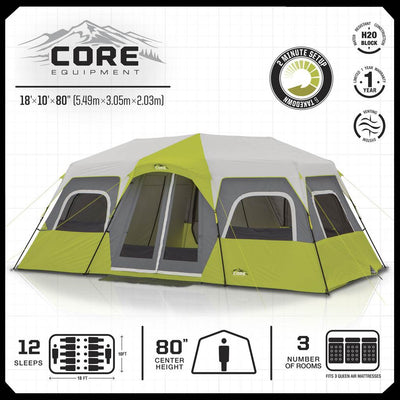 CORE Equipment 12 Person Instant Green/Grey Cabin Tent - 18'x10' (Used)