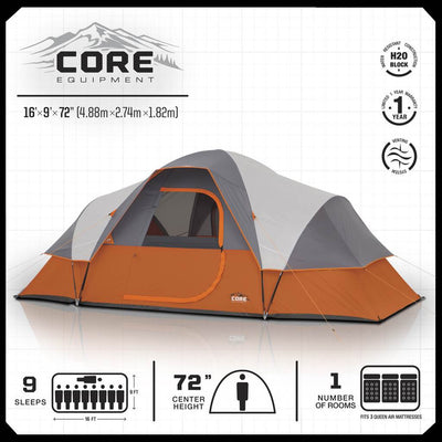 CORE Equipment 9 Person 16' x 9' Extended Dome Camping Tent (Open Box)
