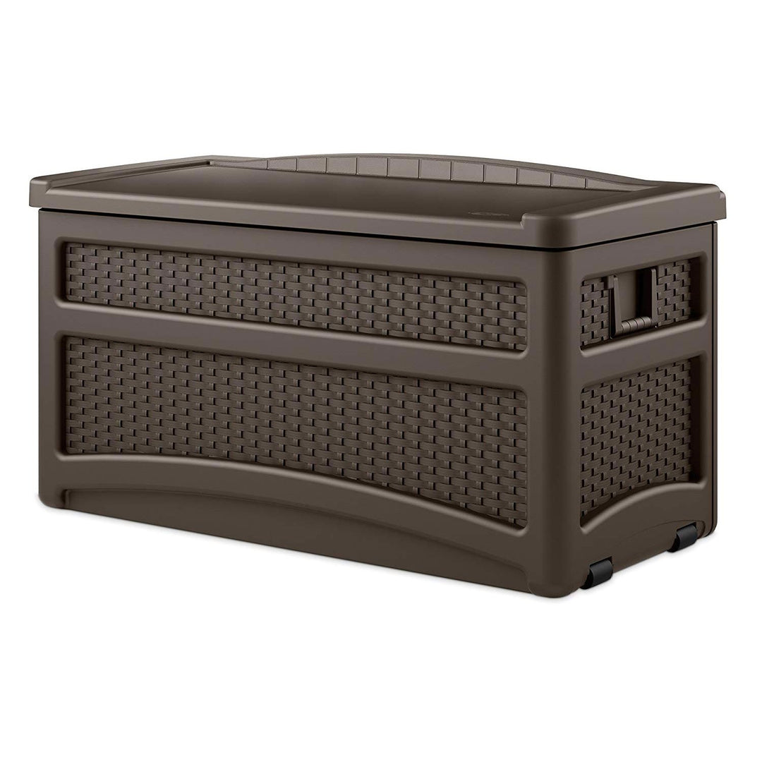 Suncast 73 Gallon Deck Box w/ Seat & Trash Hideaway Outdoor Garbage Bin, Java