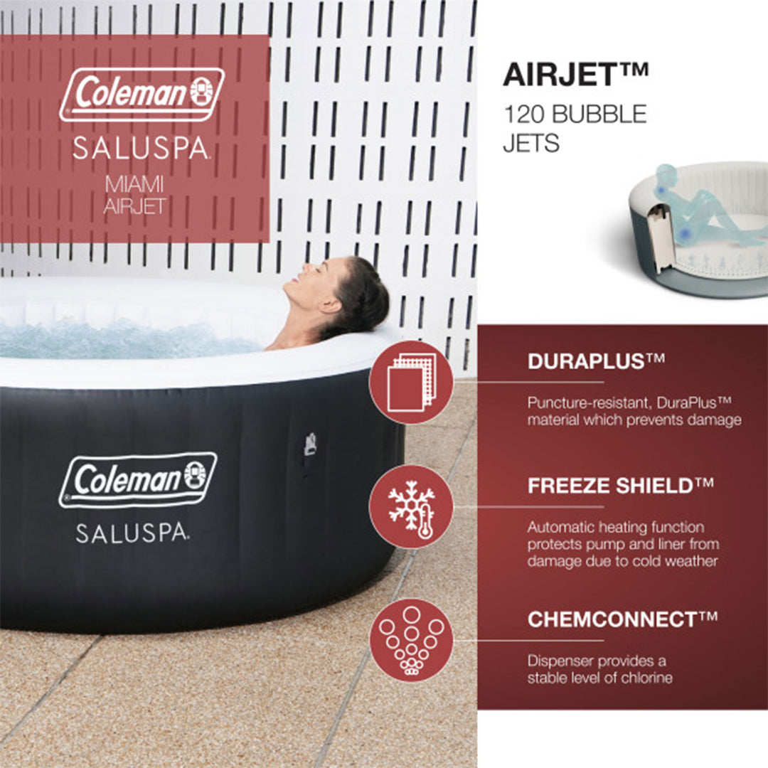 Coleman Miami AirJet Inflatable Round Hot Tub 120 Soothing Jets, Black(Open Box)