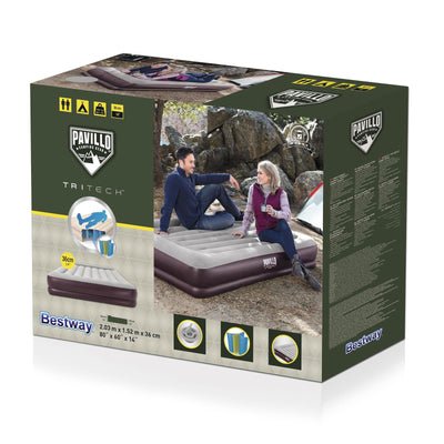 Bestway Pavillo Tritech Inflatable Queen Air Mattress with Electric Pump, Maroon - VMInnovations