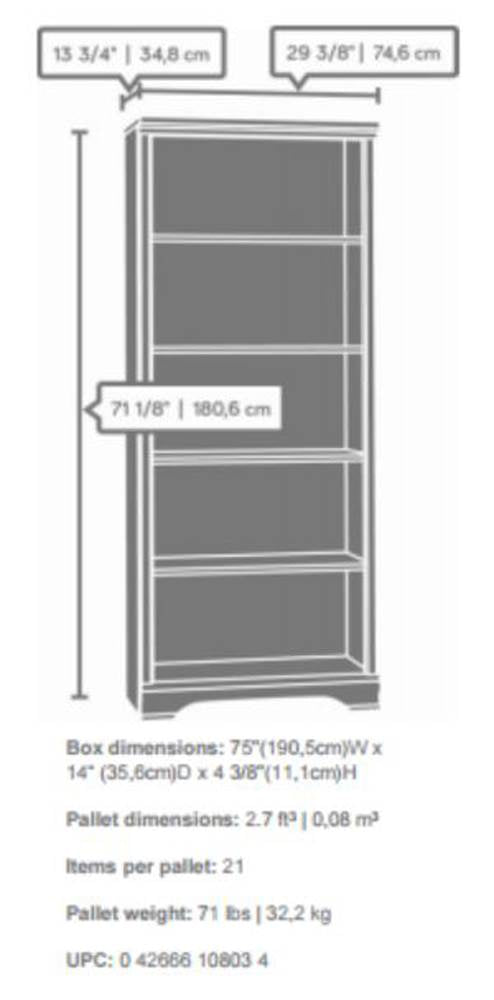 Sauder Furniture Carolina Estate 5-Shelf Adjustable Bookcase, Cherry (Open Box)
