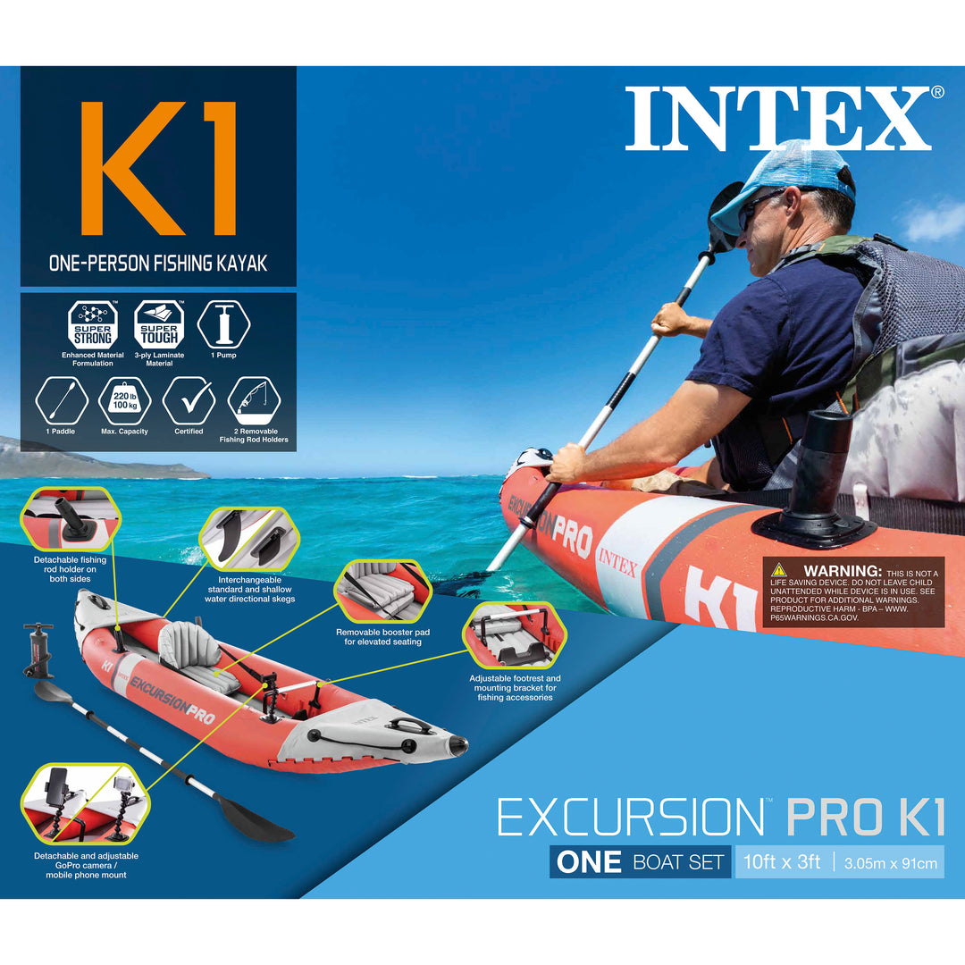 Intex Excursion Pro Inflatable Fishing Vinyl Kayak with Oar and Pump (Open Box) - VMInnovations