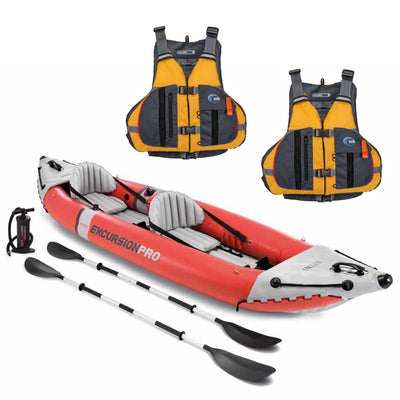 Intex Excursion Pro 2 Person Inflatable Kayak Set w/ 2 Solaris Life Jackets, M/L