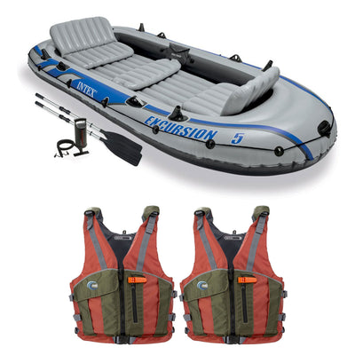 Intex Excursion 5 Person Inflatable Raft, 2 Oars and 2 Copper Life Jackets, M/L