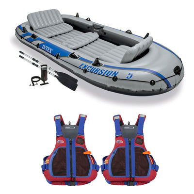 Intex Excursion 5 Person Inflatable Raft, 2 Oars and 2 Red Life Jackets, L/XL
