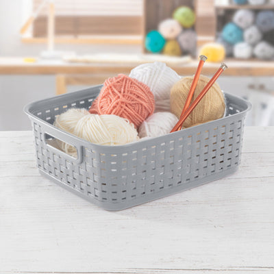 Sterilite Short Weave Wicker Pattern Storage Container Basket, Gray (6 Pack)