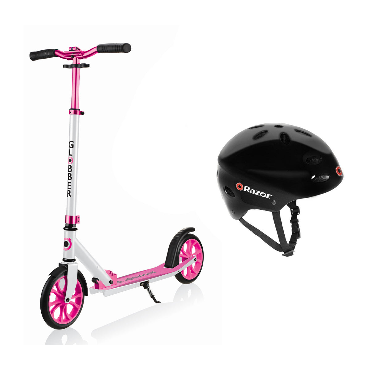 Globber NL 500-205 Foldable 2-Wheel Kick Scooter, Pink and Helmet, Glossy Black