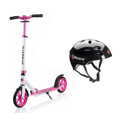 Globber NL 684-110 Foldable 2-Wheel Kick Scooter, Pink with Razor Helmet, Glossy Black