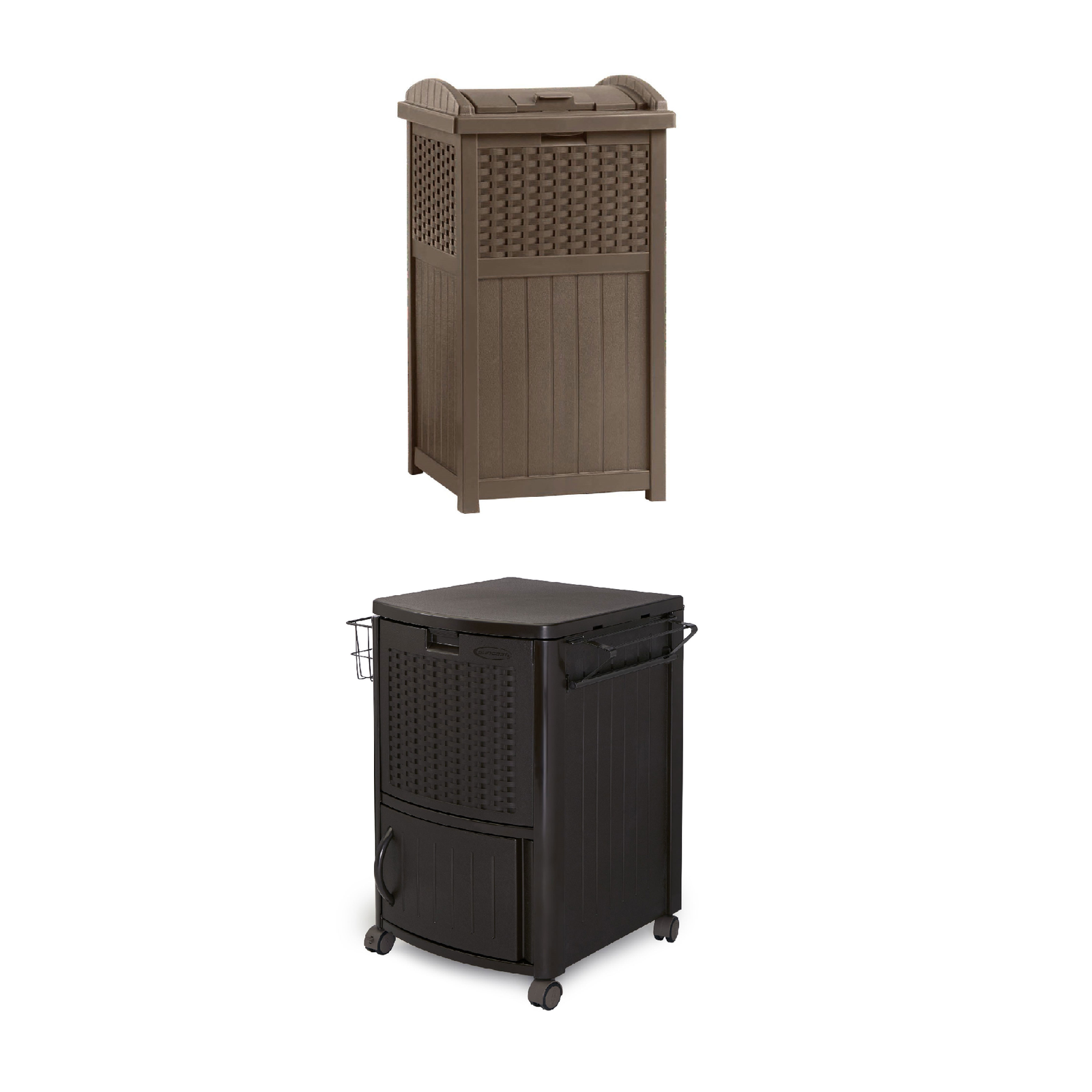 Suncast 77 Quart Patio Cooler w/ Cabinet and Basket w/ Wicker Trash Hideaway - VMInnovations
