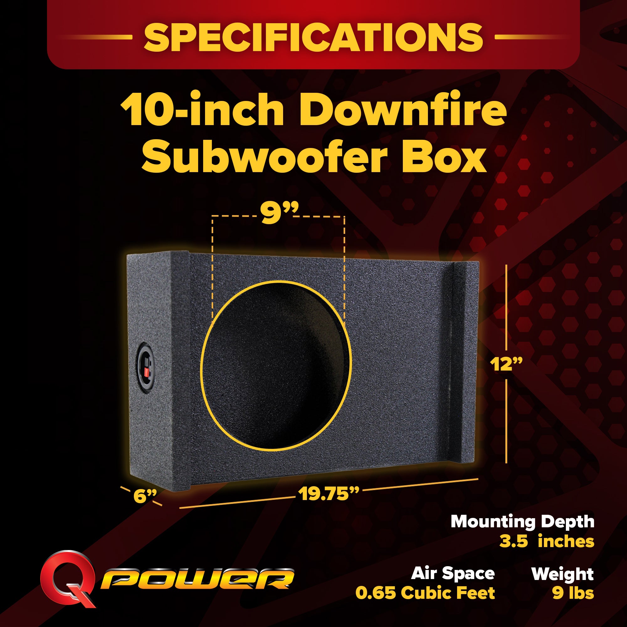 QPower Single 10 Inch Sub Enclosure, Universal Downfire/Behind Seat Speaker Box - VMInnovations