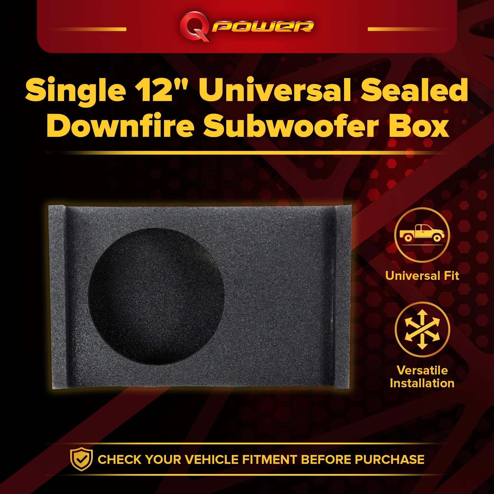 QPower Single 12 Inch Sub Enclosure, Universal Downfire/Behind Seat Speaker Box