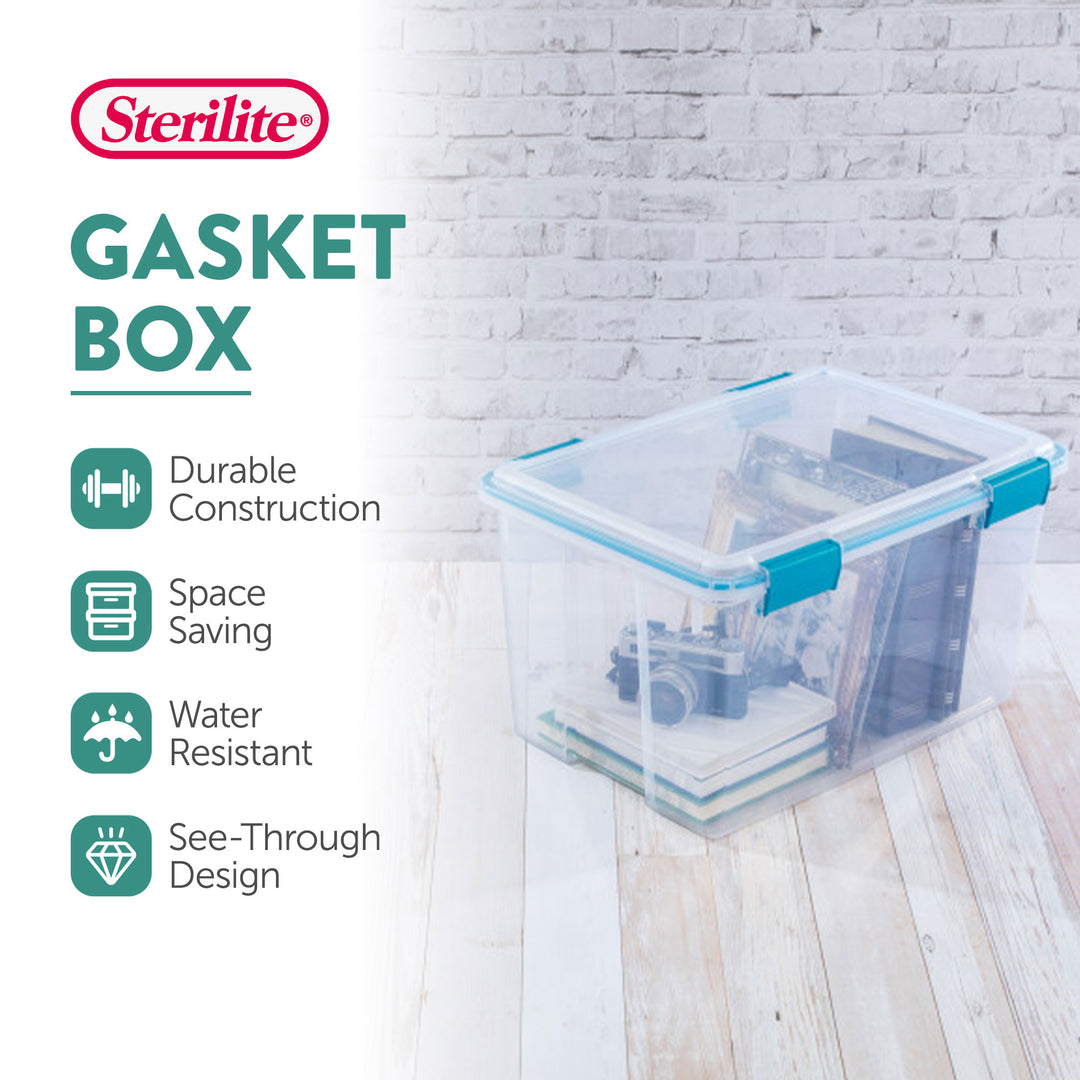 Sterilite 54 Quart Gasket Box, Stackable Storage Bin with Latching Lid, 4 Pack