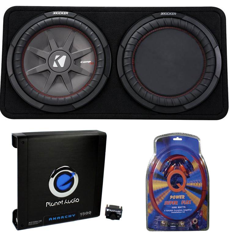 Kicker 12" 1000W Slim Shallow Subwoofer Enclosure and 1500W Amp with Wiring Kit